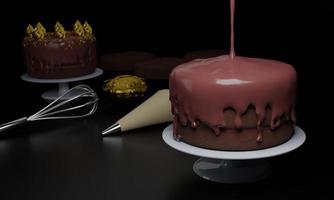 processen att göra 3 lager av mjuk chokladkaka. häll chokladsåsen på sockerkakan. sudda ut tårttillverkningsutrustningen och kakan som väntar på att hällas över såsen. 3d-rendering foto