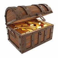 guldtackor eller göt placeras i en skattkista. skattlådan är gjord av gammalt rostigt metallträ, det finns en skatt inuti är en guldtacka. de mest populära tillgångarna i samlingen av investerare. foto