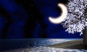halvmåne på natthimlen det finns stjärnor på himlen. supermåne mitt i havet med reflektioner på vattenytan. suddiga fantasiträd glödande löv faller. 3d-rendering foto
