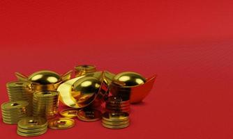 gyllene mynt och guld tackor av kinesiska på röd bakgrund kopia utrymme i gott kinesiskt nytt år koncept. 3d-rendering. foto