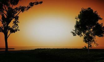 siluett av ett stort träd på gräset. bakgrund i ljusa orange vita toner som representerar kvällssolen. 3d-rendering foto
