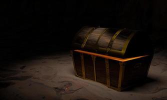 antik och vintage skattkista gjord av träpaneler förstärkta med guldmetall och guldnålar skattlådor placerade på sanden i en grotta eller skattkista under vattnet. 3d-rendering foto