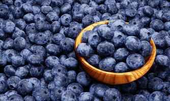 närbild massor av blåbär. mörka blåbär, fräsch färg, vitt mönster använd den som tapet eller bakgrund. friskt trä med högt C-vitamin. frukt i en gyllene trä korn kopp. 3d-rendering foto