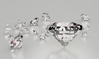 många storlekar diamanter på vit bakgrund med reflektion på ytan. 3d-rendering. foto