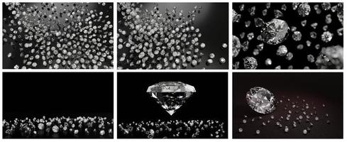 3D-renderingsuppsättning med diamanter i många storlekar på mörkgrå yta foto
