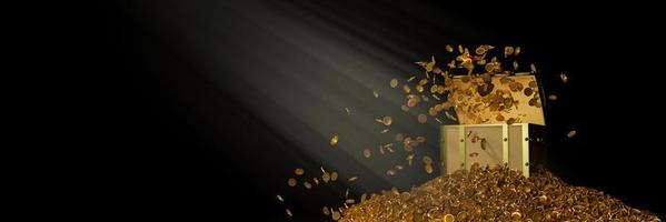 många guldmynt rann ut från skattkistan. gammaldags skattkista i trä tätt sammansatt med rostiga metallremsor. 3d-rendering foto