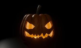 halloween pumpa. demonens ansikte hade ljus inifrån. den svarta bakgrunden och ljuset som lyser bakifrån. 3d-rendering foto