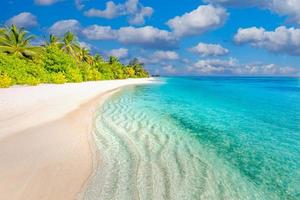 vacker tropisk strand banner. vit sand och kokospalmer, resor turism bred panorama bakgrund koncept. fantastiskt strandlandskap. lyxig ö-natur, äventyrssemester eller semester, foto