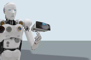 robot cyber framtid futuristisk humanoid högteknologisk industri garage ev-bil laddare ladda tanka elstation fordon transport transport framtid transport bil bil 3d rendering foto