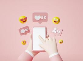 händer som håller en tom smartphone chatta kärlek och följare bubblor och larmmeddelande tecknad app webbplats ui på rosa bakgrund 3d-renderingsillustration foto