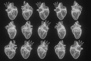 3d wireframe-hjärtan renderar isolerade vita bakgrunder, abstrakt hjärtaikon bildar linjer och trianglar, punktanslutningsnätverk på blå bakgrund, 3d render foto