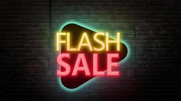flash försäljning tecken emblem i neon stil på tegelvägg bakgrund foto