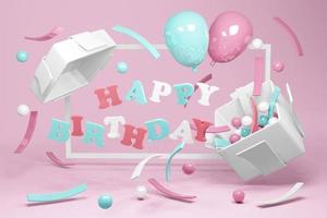 3D-rendering koncept av grattis på födelsedagen. realistiska blå och rosa pastellballonger och konfetti flyter från presentförpackning med text grattis på födelsedagen bakgrund. 3d rendering. 3d illustration. foto