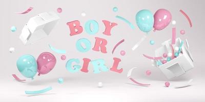 3D-rendering begreppet kön avslöja. realistiska blå och rosa pastellballonger och konfetti flyter från presentförpackning med text grattis på födelsedagen bakgrund. 3d rendering. 3d illustration foto