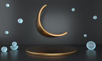 ramadan kareem hälsningsmall med månen. podium, stå på semester ljus bakgrund för reklamprodukter - 3d render illustration för kort, hälsningar. foto