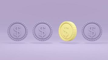 3D-rendering begreppet pengar. gult mynt med dollar på myntet som sticker ut från mängden. affärsidé. 3d-rendering. foto