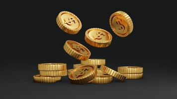 3D-rendering av pengar mynt som faller från ovan isolera på svart bakgrund. 3d render illustration. foto