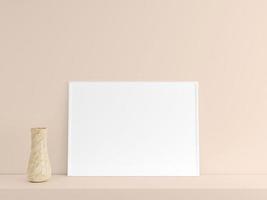 anpassningsbar minimalistisk horisontell vit affisch eller fotoram mockup på pallbordet med vas. 3d-rendering. foto
