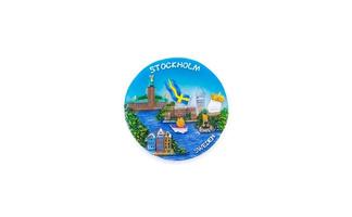 resor kyl souvenir magnet stockholm sverige. på en vit bakgrund foto