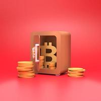 kassaskåp med guldmynt och bitcoin. finanssparande koncept. 3d render illustration foto
