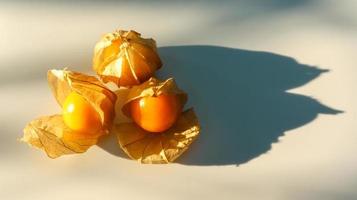 ekologisk cape krusbär frukt physalis peruviana på vit bakgrund. foto