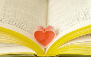 älskar hjärta på öppen bok. kärlek till böcker. foto