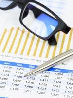 försäljningsrapportanalys med penna och glasögon foto