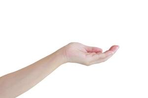 öppna en kvinnas hand, handflatan upp isolerad på vit bakgrund foto