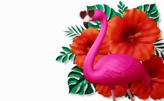 flamingo bär glasögon och hibiskusblomma med löv, sommarsäsong, sommarmall 3d-rendering foto