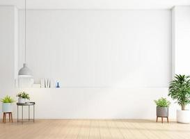 tomt rum i minimalistisk stil med vit vägg och trägolv. 3d-rendering foto