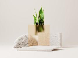 3D minimal display podier med grön växt och stenar på beige bakgrund. 3D-rendering av abstrakt presentation för produktreklam. 3d minimal illustration. foto