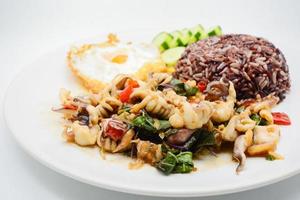 kryddig wokad bläckfisk med basilikablad och chili, ägg med solsidan uppåt, serverad med brunt ris. det är berömd thailändsk mat. du kan byta material designat och försöka laga mat till din familj. foto