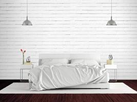 minimalistiskt sovrum med dubbelsäng mot vit tegelvägg - 3d-rendering foto