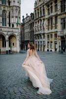 porträtt av en härlig ung flicka i en frodig klänning som går runt i parken och det stora palatset foto
