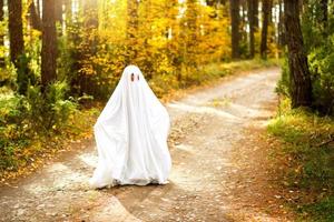 ett barn i lakan med slitsar som en spökdräkt i en höstskog skrämmer och skrämmer. ett snällt litet spöke. Halloween-fest foto