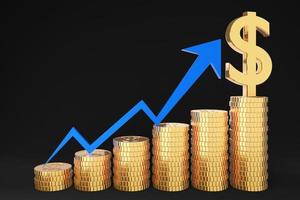 gyllene mynt stack och finans graf diagram på svart bakgrund., pengar sparande och investeringskoncept och spara idéer och ekonomisk growth.3d modell och illustration. foto
