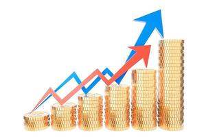 gyllene mynt stack och finans graf diagram på vit bakgrund., pengar sparande och investeringskoncept och spara idéer och finansiell growth.3d modell och illustration. foto