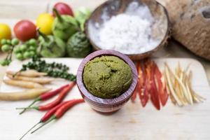 thai recept: thailändsk grön curry med ingredienser (gaeng khiao waan)