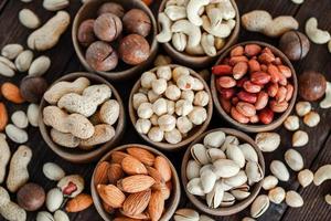 diverse nötter för en bakgrund mandel, valnöt, cashew, pistagenötter, hasselnötter, jordnötter, macadamia samling av olika sorter av nötter. sammansättning med torkad frukt hälsosam mat. organisk. foto