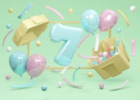 3D-rendering koncept av grattis på födelsedagsfest. nummer 7 födelsedag explodera från presentförpackning med ballonger och konfetti på grön bakgrund. 3d rendering. 3d illustration. minimal designmall.