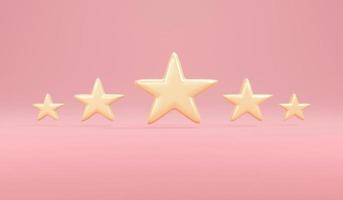 3D-rendering koncept för recension betyg. fem stjärnor i guld på rosa bakgrund. 3d rendering. 3d illustration. minimal designmall. foto