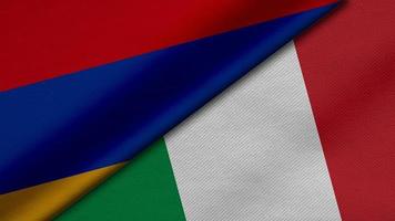 3D-rendering av två flaggor från republiken armenien och italienska republiken tillsammans med tygtextur, bilaterala relationer, fred och konflikt mellan länder, perfekt för bakgrund foto