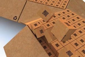 förpackningstjänst och pakettransportsystemkoncept, kartonger, 3d-rendering foto