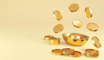 3D-rendering av kinesiska guldtackor göt och gyllene mynt på bakgrund. 3d render illustration. foto