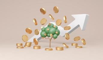 3D-rendering träd med mynt som faller ner och pildiagram stiger upp på bakgrunden koncept av pengar träd finansiella investeringar. 3d render illustration. ekonomisk tillväxt. foto