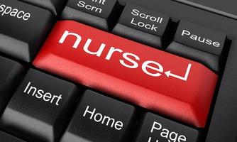 sjuksköterska ord på röd tangentbordsknapp foto