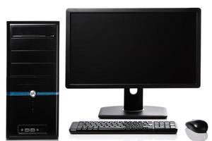 persondator med bildskärm, tangentbord och mus foto