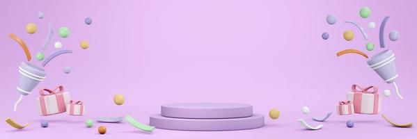 3D-rendering av partypopper och konfetti med podiet i pastelltema bannerbakgrund. 3d render illustration.