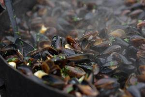 närbild av kokta musslor på en street food festival, redo att äta skaldjur fotograferad med mjukt fokus foto