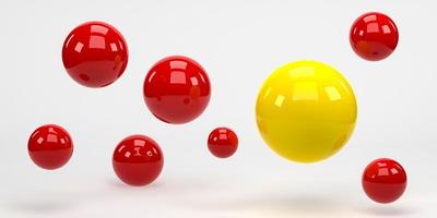 3D-rendering, 3D-illustration. flygande röda sfärer boll på vit bakgrund. minimalt koncept. foto